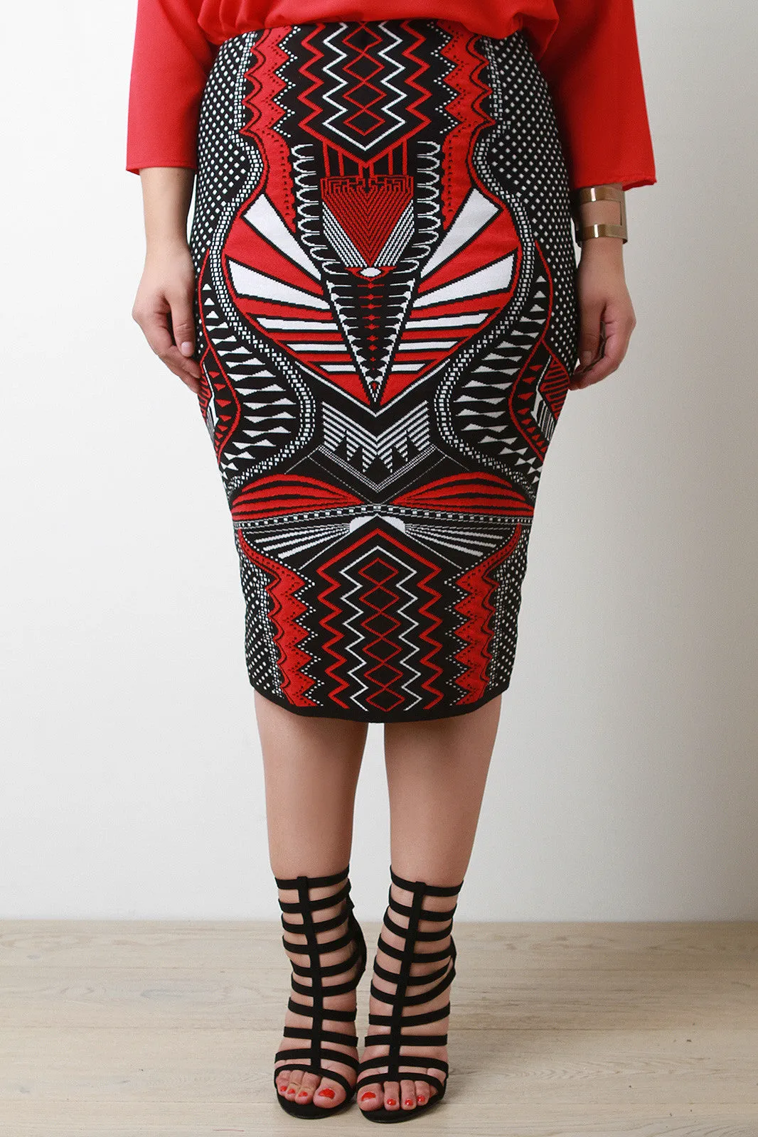 Thick Knit Mixed Pattern Print Pencil Skirt