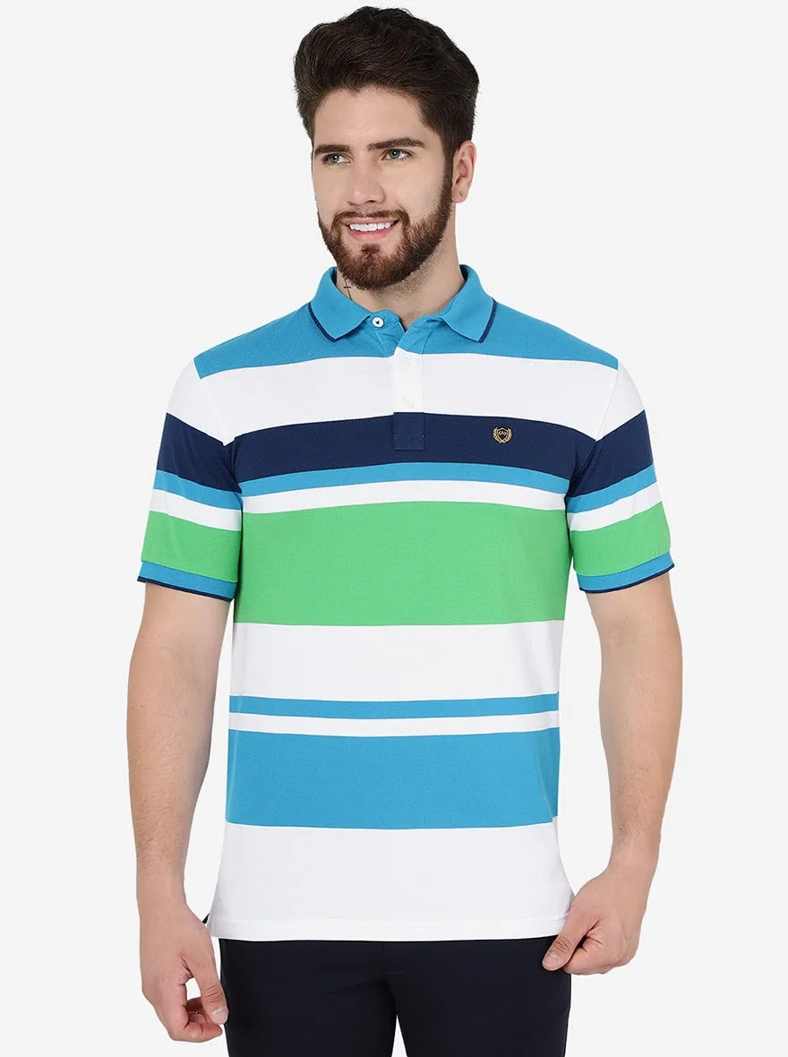 White & Green Striped Slim Fit Polo T-Shirt | JadeBlue