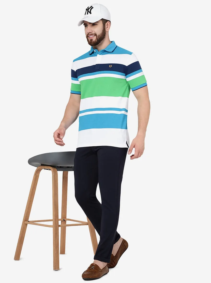 White & Green Striped Slim Fit Polo T-Shirt | JadeBlue