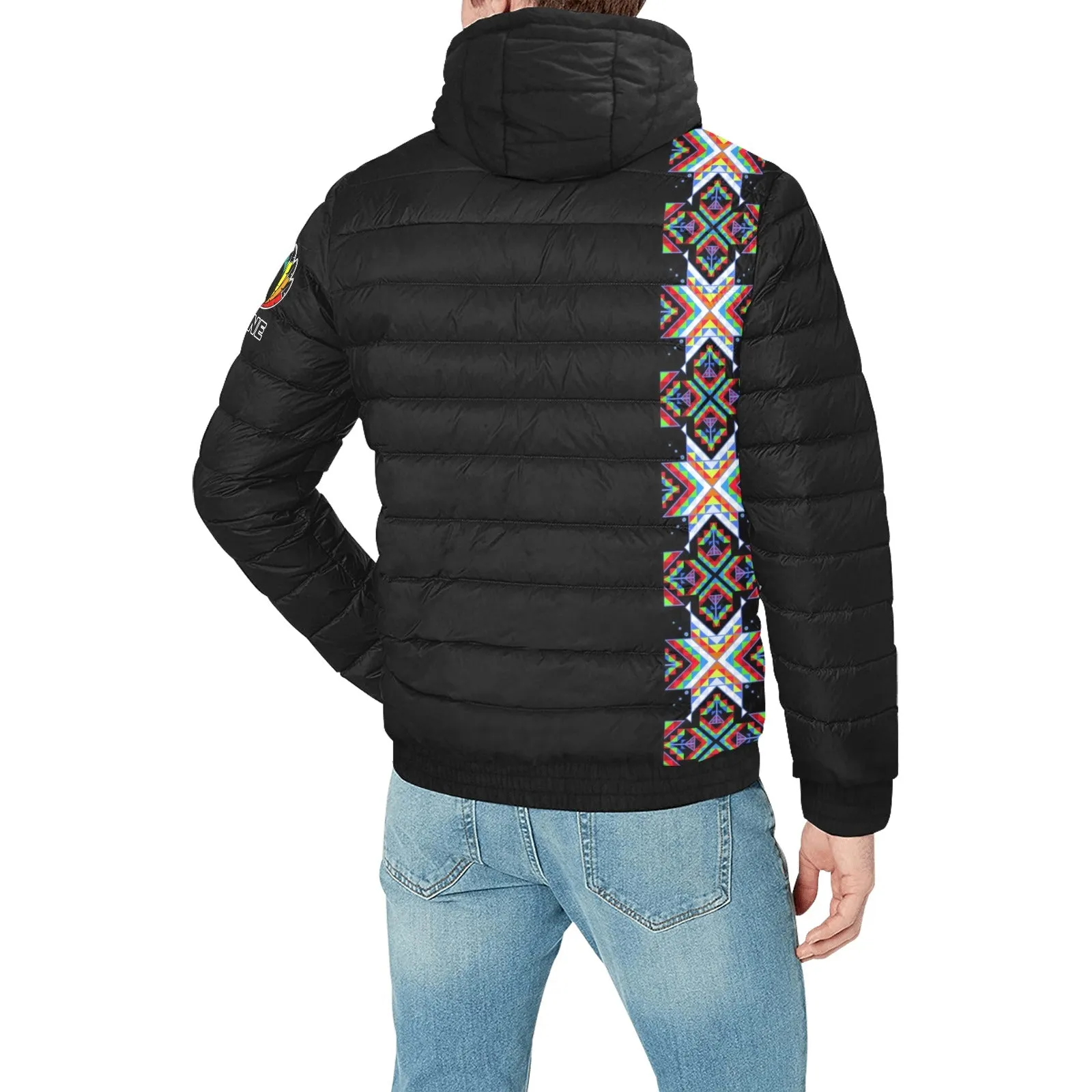 White Blanket Strip Men's Padded Hooded Jacket