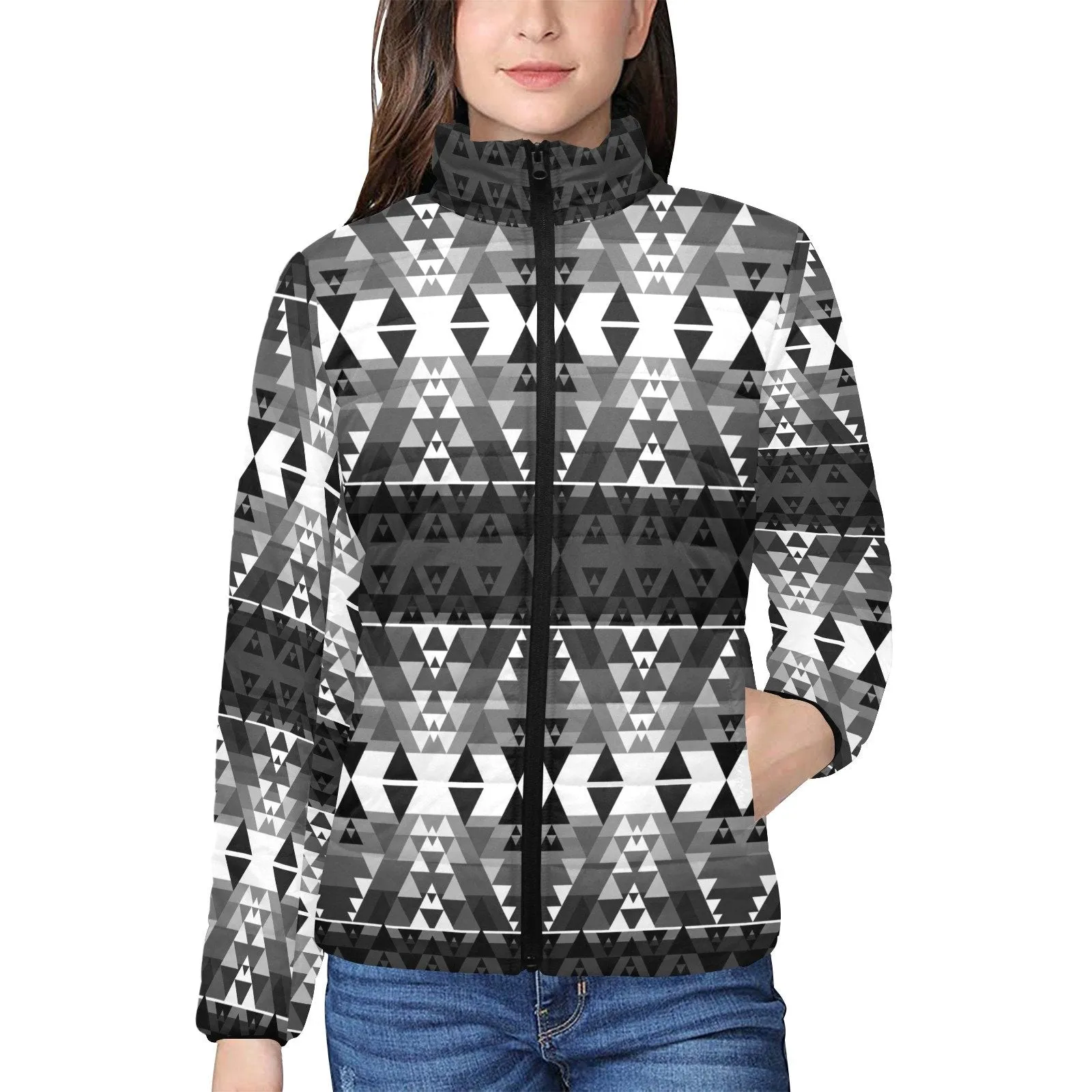 Writing on Stone Black and White Women's Stand Collar Padded Jacket